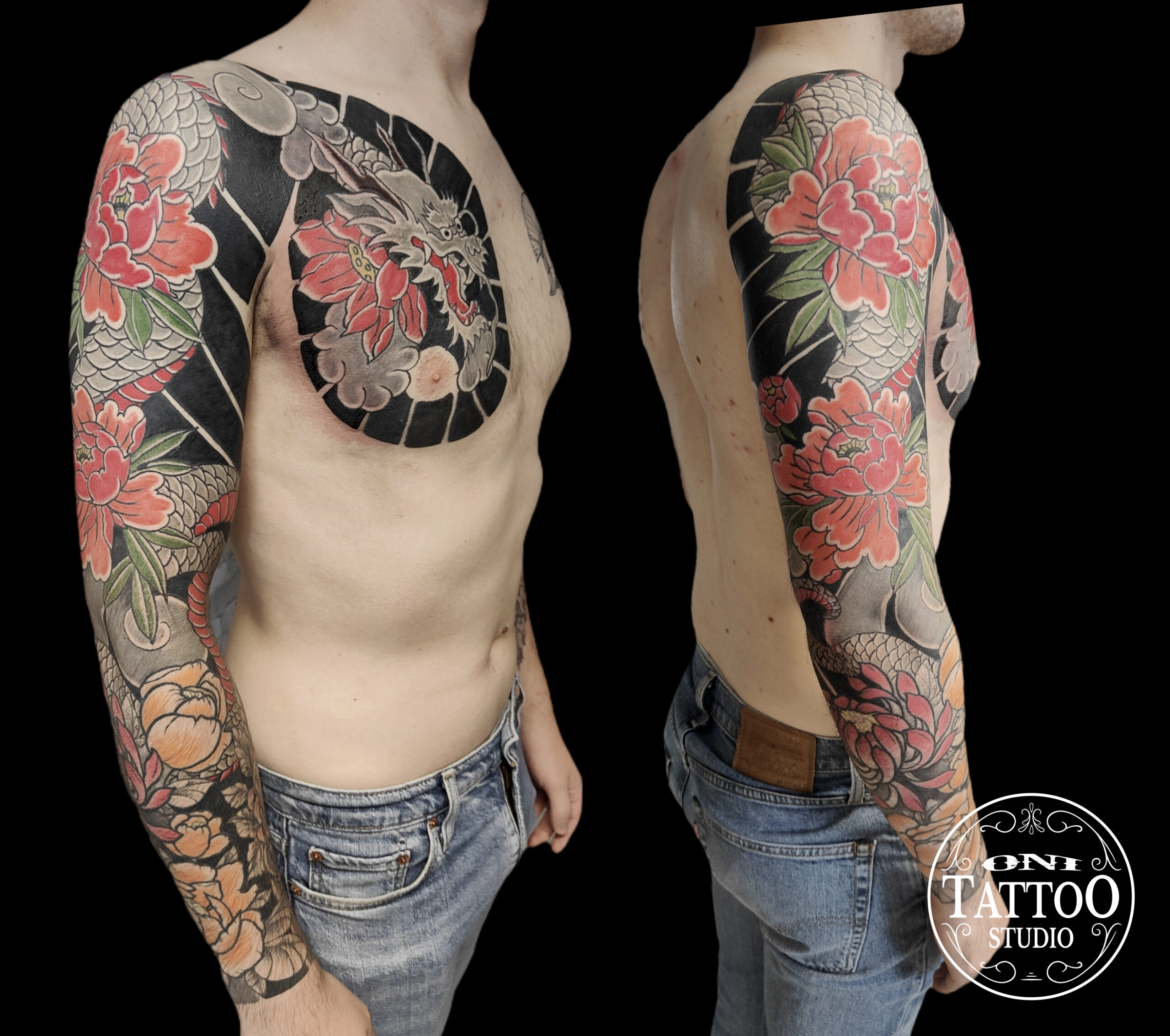 Tatouage japonais traditionnel, bras irezumi, motifs dragon et pivoines. Tatouage traditionnel Lorient