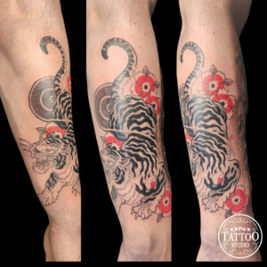 Tatouage irezumi Lorient. Motif de tigre japonais en noir et gris, avec des fleurs de Sakura rouges.